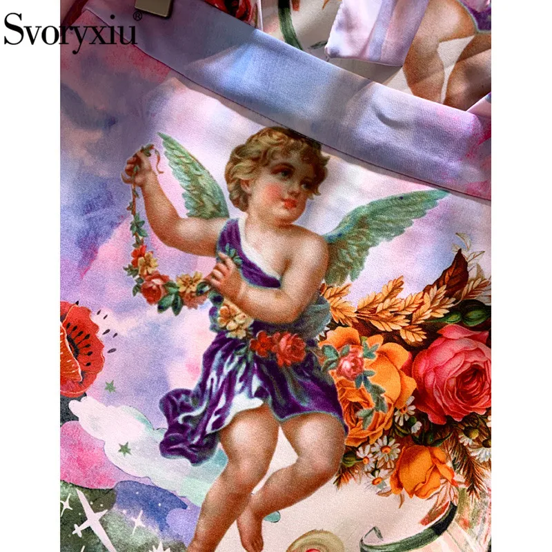 Svoryxiu Mados kilimo ir tūpimo Tako Rudenį Sijonas tinka Moterų Elegantiškas Lankas Apykaklės Angelas Gėlių Spausdinti Palaidinė + Undinė Sijonas, Dviejų dalių Komplektas