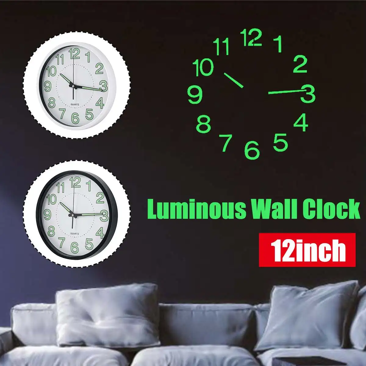12 Colių Mėnulio Šviesos 3D Sieniniai Laikrodžiai Apskrito Kvarciniai Laikrodžiai Namų Dekoro Miegamojo Puošimas Didelis Laikrodis Žiūrėti Spindinčią Tamsoje