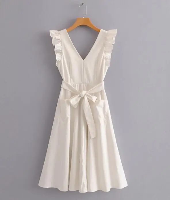 Elegantiškas ruffless balta lininė suknelė moterų berankovis backless lankas midi suknelė Vasaros kišenėje Atsitiktinis suknelė 2018 korėjos paplūdimio vestido