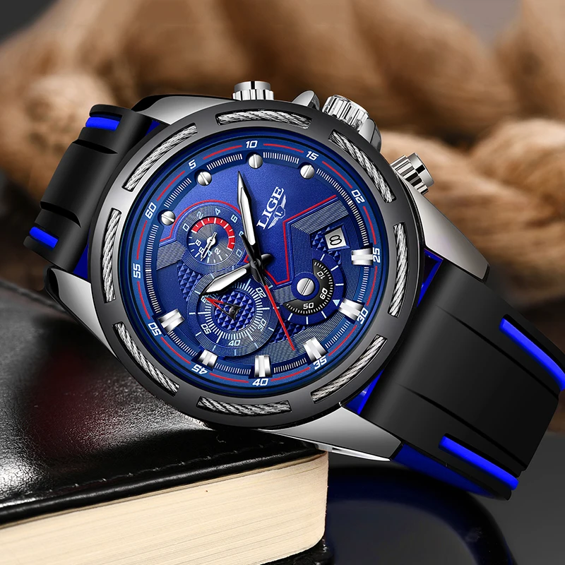 2019 LIGE Vyrų Chronograph Kvarcinis Analoginis laikrodis su Data, Šviesos Rankas, atspari Vandeniui Silikoninė Guma Dirželis Wristswatch Žmogui