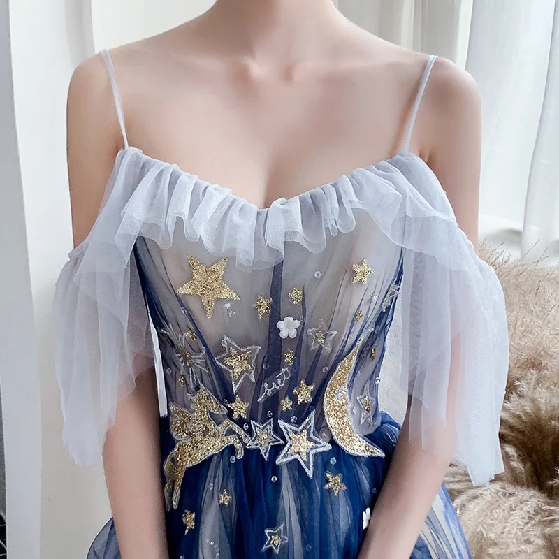 Vakaro Suknelės 2020 M. Tai Yiiya R248 Spageti Dirželis Valtis Kaklo Chalatas De Soiree Gradientas Blue - line Ilgai Šviečia vakarinę Suknelę