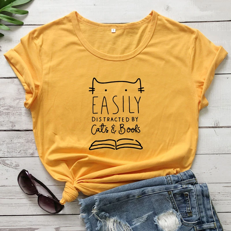 Lengvai Atitraukė Kačių & Knygas T-shirt Juokinga Moterų Skaityti Bookworm Viršūnes Tees Mielas Katė Mama Dovanų Marškinėlius Camiseta