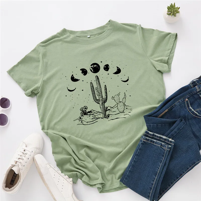 Plius Dydis S-5XL Medvilnės Marškinėliai Voguish Mėnulis Kaktusas Print T Shirt Moterims, O Kaklas Trumpas Rankovėmis Tee Vasarą Moterys Marškinėlius Rožinė Viršūnės