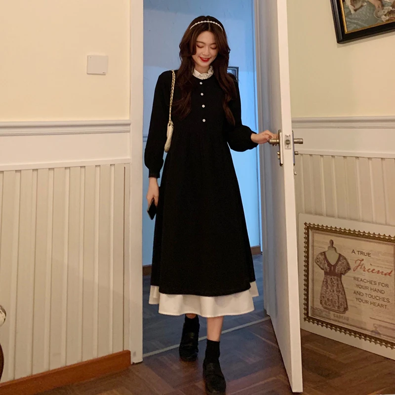 Juoda Vintage Suknelė Moterims ilgomis Rankovėmis Kratinys prancūzijos Retro Suknelė Moterų Gotikos One-piece Suknelė korėjos Rudens 2020 Office Lady