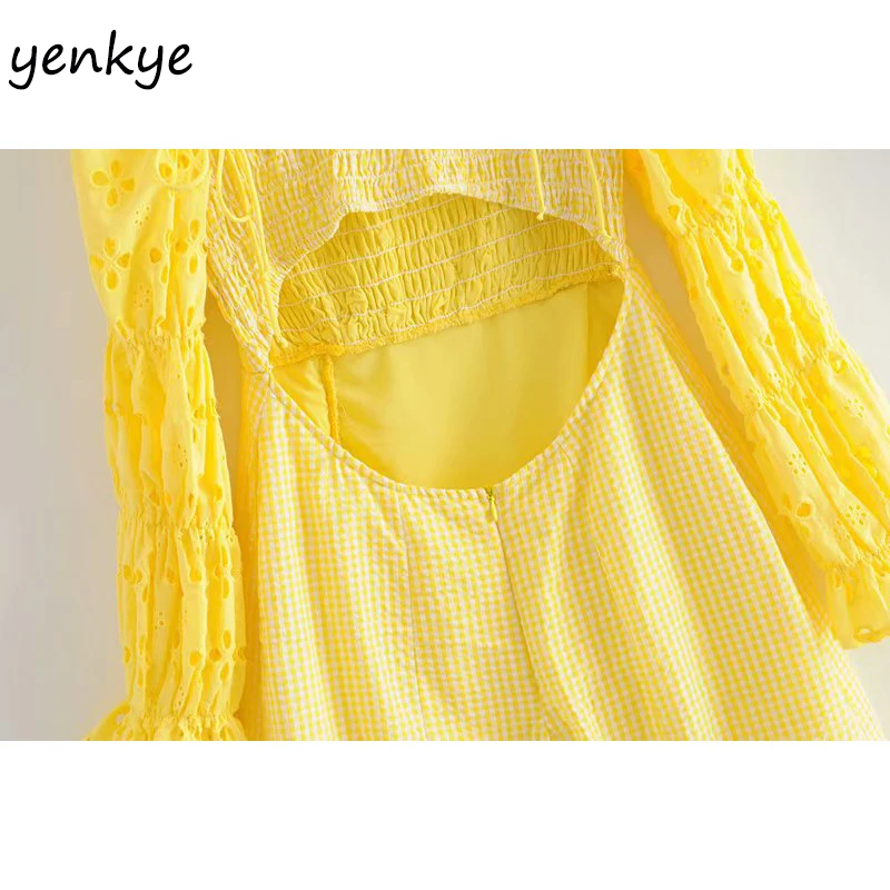 2019 Moterų Ažūrinės Figūrinių Siuvinėjimo Long Sleeve Ruched Geltonos Spalvos Mini Suknelė Lady Kvadratinių Kaklo Backless Pledas Šalies Seksuali Suknelė