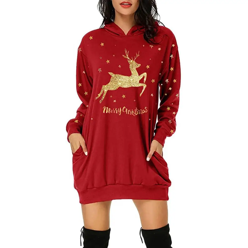 Nauja Kalėdinė Suknelė Moterų Mados Kalėdų Hoodie Maišelį Klubo Kišenėje Spausdinti Hoodie Mados Suknelė Vestidos Invierno 2020 Mujer Atsitiktinis