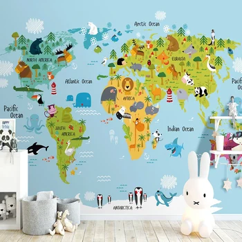 3D Tapetai, Cartoon Gyvūnų Pasaulio Žemėlapyje, Nuotraukų Siena, Piešiniai Vaikų Kambaryje, Lipnios Vandeniui Lipdukai Namų Dekoro Tapetai