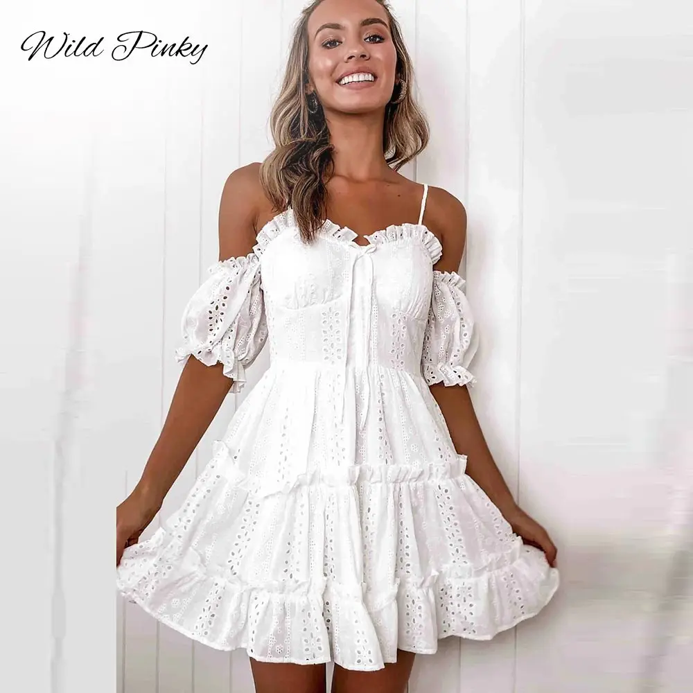 WildPinky Elegantiška Baltos Spalvos Klostuotas Nėriniai Moterų Suknelė Seksualus Spageti Dirželis Moterų Pynimas Medvilnės Suknelė Vasaros Paplūdimio Ponios Mini Suknelė