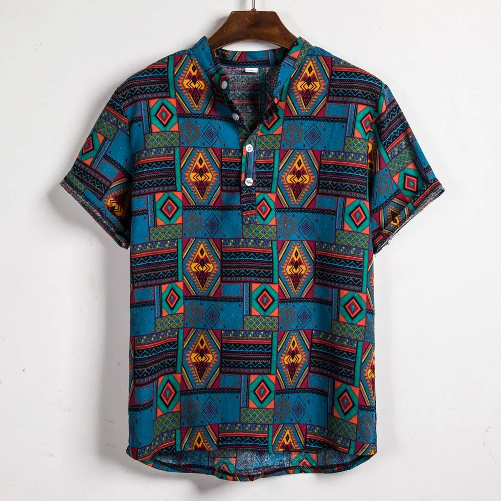 Aukštos kokybės vyriški drabužiai Mens Etninės Trumpas Rankovės Atsitiktinis Medvilnės Skalbiniai Spausdinimo Havajų Marškinėliai