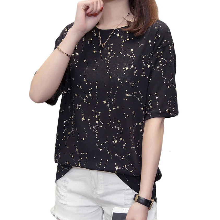 Plus Size Kietas Gold Star Marškinėliai Moterims 2021 M. Vasaros Mados Trumpas Rankovės Prarasti Tshirts Negabaritinių Korėjos Stiliaus Atsitiktinis Viršūnes Feminina