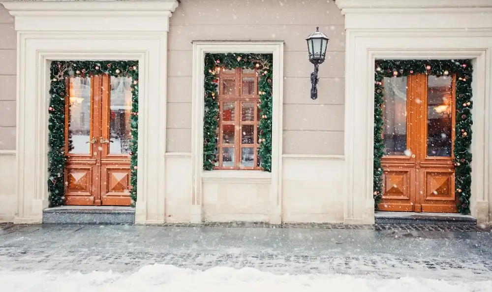 Capisco backdrops šviesos girlianda kalėdinė dekoracija durų pastatas europos miesto gatvės parduotuvėje žiemos šventė naujieji metai fono