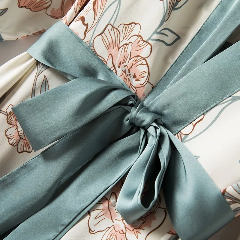 Seksualus Nighty&Skraiste Tiktų Spausdinti Gėlių Sleepwear Moterų Chalatas Kimono Suknelė Atsitiktinis Satino 2VNT Miego Nustatyti Intymus apatinis Trikotažas Homewear