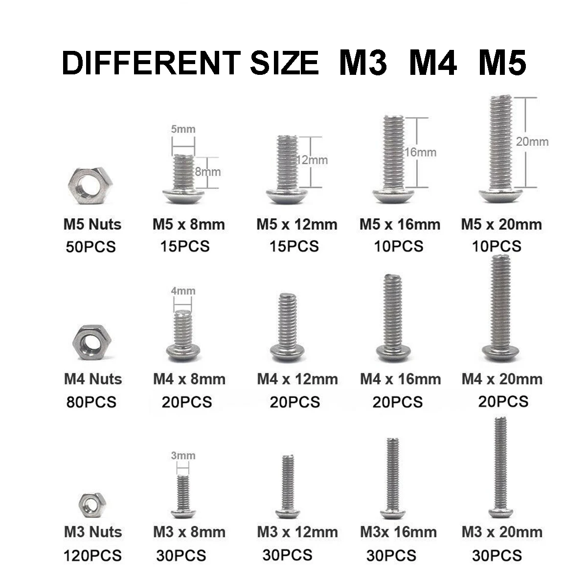 503 Vnt M3 M4 M5 Aukštos kokybės Nerūdijančio Plieno Mygtuką, Head Hex Lizdas Galvos Dangtelio Varžtai Mašina Varžtų ir Veržlių Rinkinys su raktu