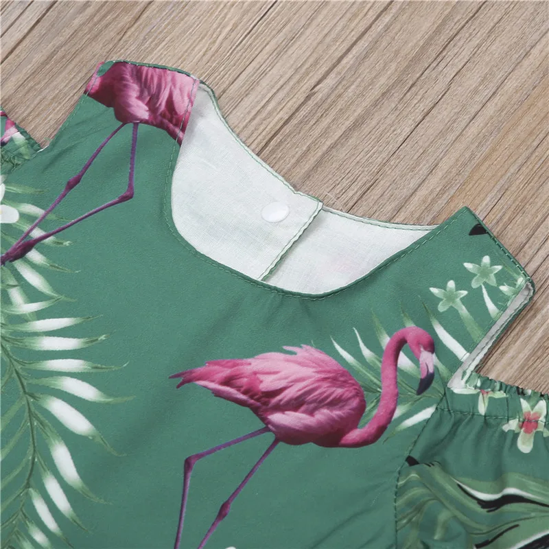 Bamblys Vaikams, Kūdikių Mergaičių Drabužių Rinkiniai Mados Vasaros Flamingo 2vnt Gėlių Shoulderless T-shirts Viršūnių Lankas Diržo Šortai Rinkiniai 6M-4Y