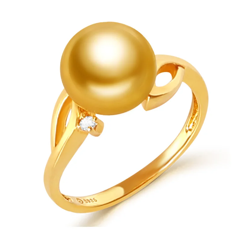 YS S925 Sidabro Sūraus vandens Perlų Vestuvių Žiedas 9-10mm AA Klasė Darbais Aukso Gamtos Dirbtiniu būdu išauginti perlai, Auksas, Pietų Jūros Perlas Žiedas Moterims