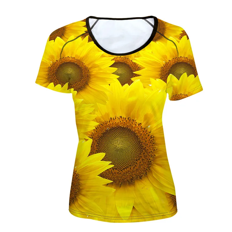 FORUDESIGNS Saulėgrąžų Marškinėliai Moterims trumpomis Rankovėmis Viršuje Tees Komfortą Kvėpavimas 3D Gėlių Tee Marškinėliai Prekės ženklo Drabužių Apvalios Kaklo marškinėliai