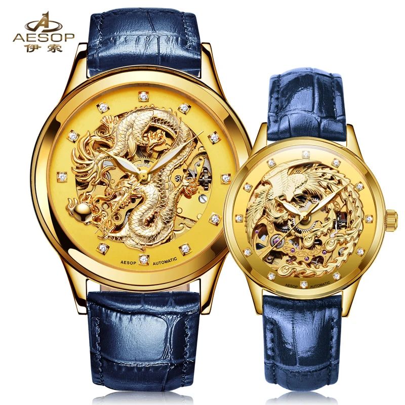 EZOPO Golden Dragon Phoenix Tuščiaviduriai Mechaninė žiūrėti Pora laikrodžiai mėgėjams valandų Laikrodis relogio do casal nauja dovana