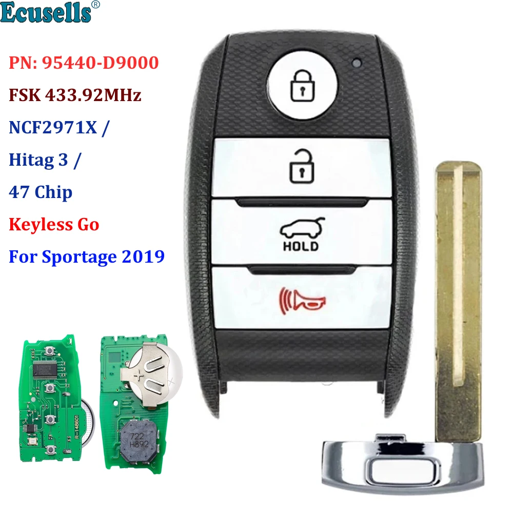 3+1/4 Mygtuką FSK 433.92 MHz Keyless-Go Nuotolinio valdymo Mygtukas (SEDANAS) / NCF2971X / HITAG 3 / 47 CHIP / PN: 95440-D9000 už Kia Sportage 2019