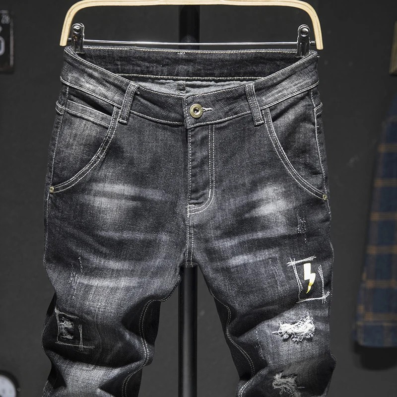Dviratininkas Džinsai Vyrams Tamsiai Mėlyna Ruožas Slim Fit Nelaimę Streetwear Spausdintą Modelio Džinsinio Audinio Kelnės Atsitiktinis Žmogus Kelnės Hip-Hop Džinsai
