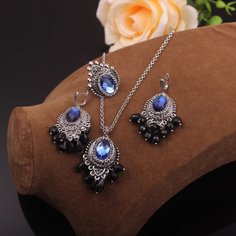 Ajojewel Derliaus Pilka/Tamsiai Mėlyna Crystal Crown Papuošalų Rinkiniai Moterims, Antikvariniai Sidabro Padengtą Juoda Kalnų Krištolas-Metį Papuošalai