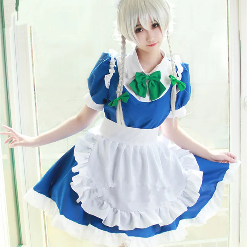 Izayoi Sakuya Cos Moterų Kambarinės Kostiumas TouHou Project Anime Cosplay Kostiumų Mėlyna Tarnaitė Rinkiniai Cosplay Kostiumas