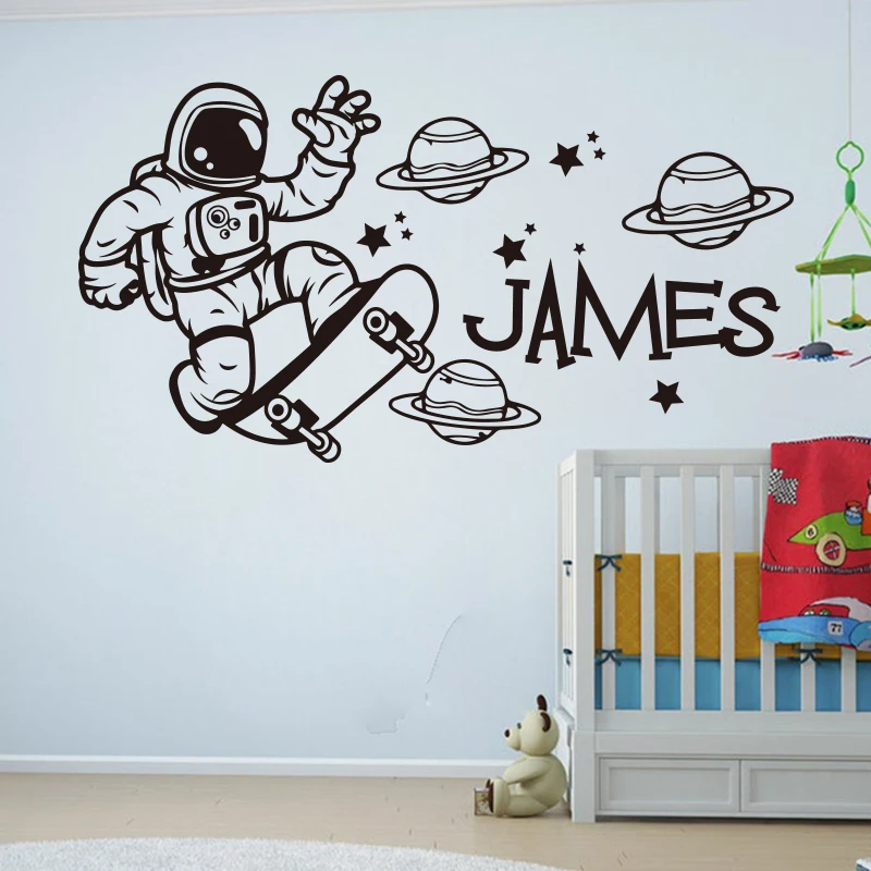 Animacinių Filmų Užsakymą Pavadinimas Astronautas Riedlentė Planetų Žvaigždė Siena Lipdukas Berniukas Kambarys, Vaikų Kambarys Kosmosą Astronautas Skate Sienos Vinilo Decal