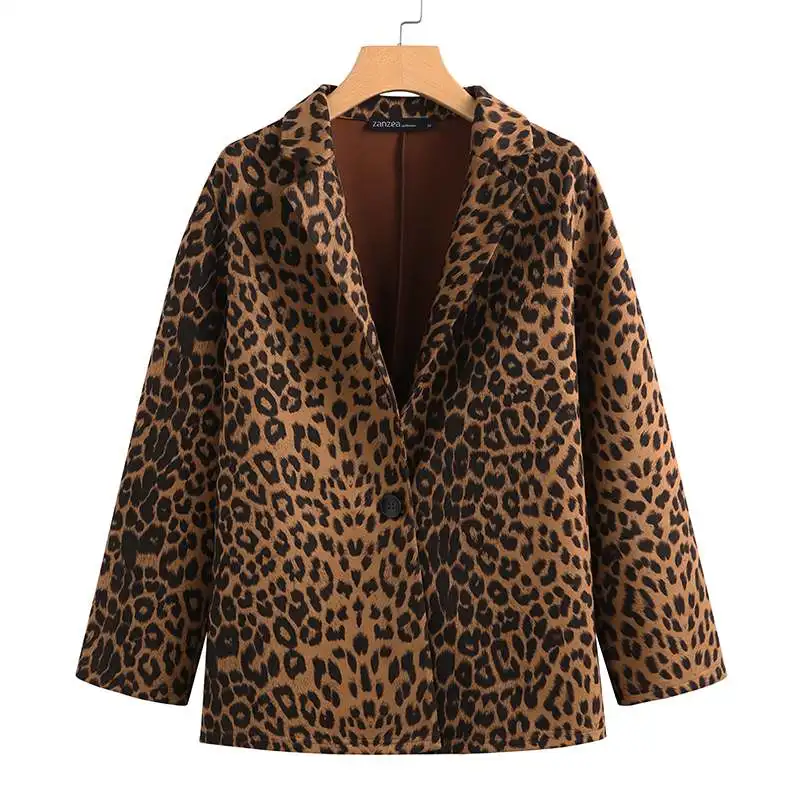 ZANZEA Rudens Mados Leopardas Spausdinti Paltai Moterims Atvartas, Striukės ilgomis Rankovėmis Outwears Moterų Mygtuką Paltai Plius Dydžio Tunika