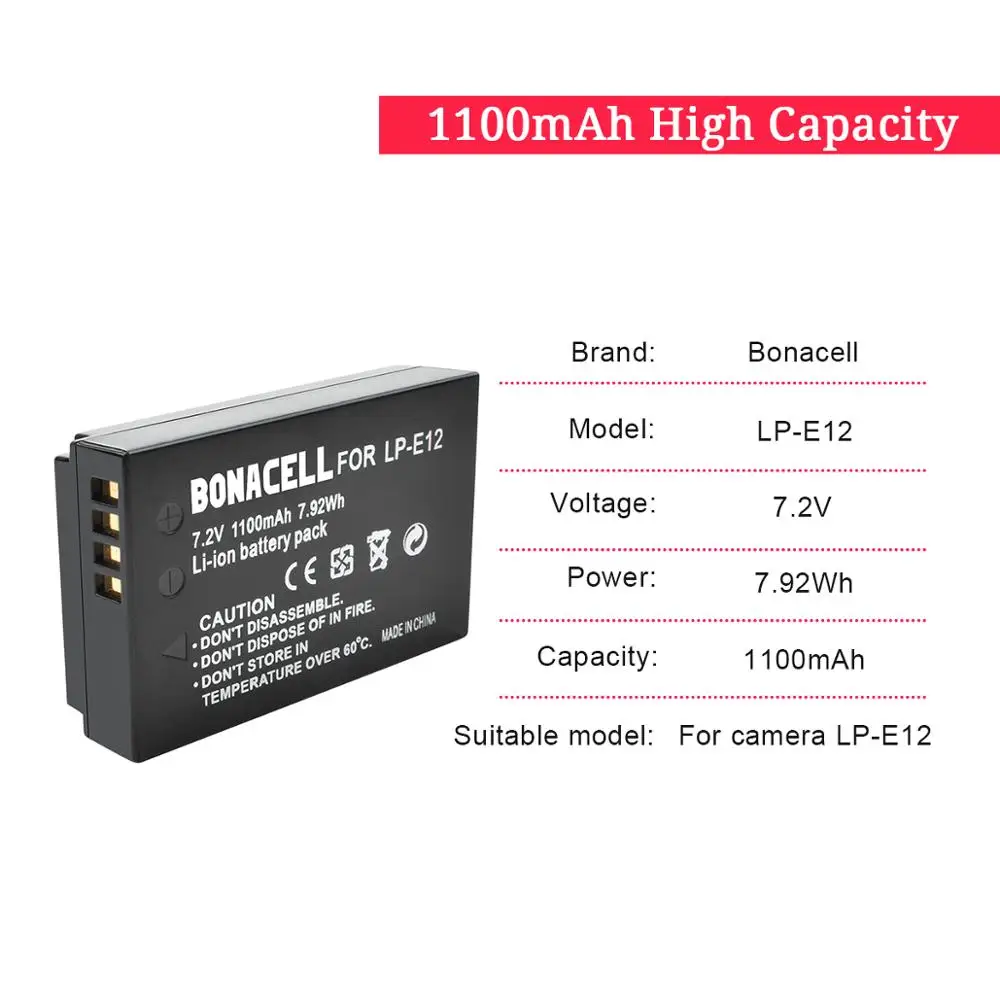 Bonacell 1100mAh LP E12 LP-E12 Baterijas Canon Rebel SL1 EOS 100D EOS M EOS M2 EOS M10 Veidrodžio Skaitmeninis Fotoaparatas