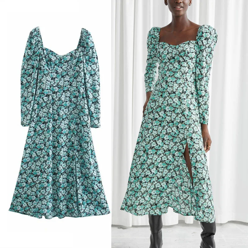 2020 Za Gėlių Spausdinti Midi Suknelė Moterims, Elegantiškas Sluoksniuotos Ilgomis Rankovėmis Įrengtas Liemenė Šalis Suknelės Backless Atgal Smocked Skydelis Vestidos
