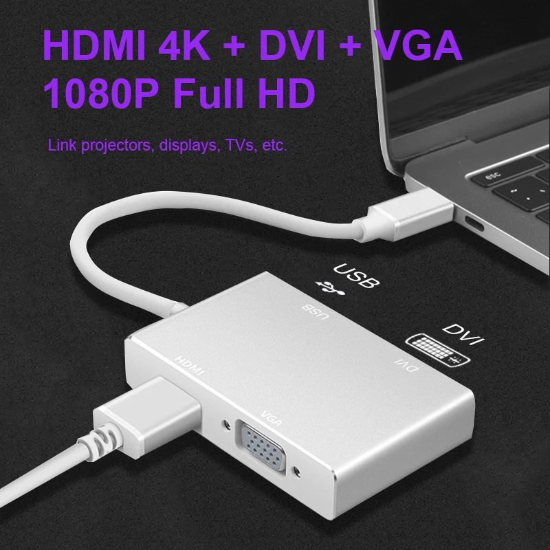 USB 3.1 Hub USB C C Tipo HDMI-compatible VGA DVI USB 3.0 Adapteris 4 1 Laidas Nešiojamąjį kompiuterį 