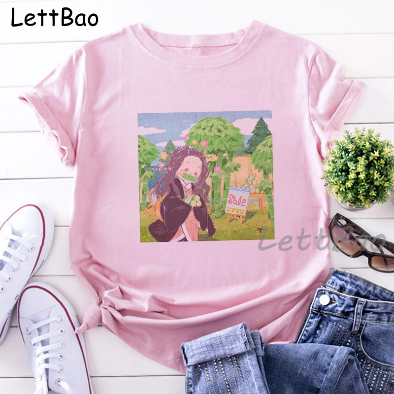 Nezuko Kimetsu Nr. Yaiba Juokingi Grafikos Rožinė T Marškinėliai Moterims Derliaus Anime Spausdinti Marškinėliai, 90-ųjų Geriausiais Draugais Marškinėlius Moterų marškinėliai