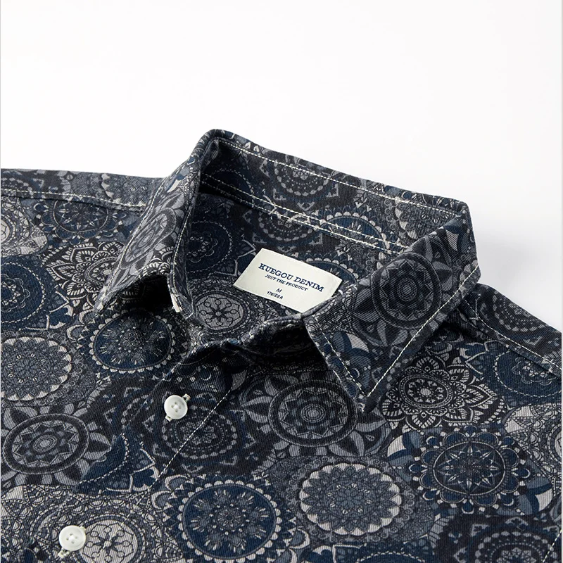 KUEGOU Rudenį Medvilnės Drabužiai, vyriški Marškiniai, Geometrinis Raštas Printting Retro Marškinėliai vyrams Streetwear Viršuje Plius Dydis BC-20505