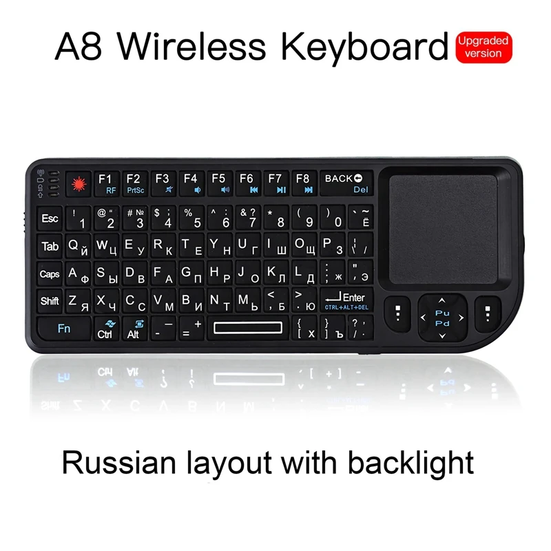A8 rusijos Belaidė Klaviatūra Air Fly Mouse 2.4 G Mini Touchpad Baltos spalvos Apšvietimu Kalbėjimo Projektorius, Plug and Play