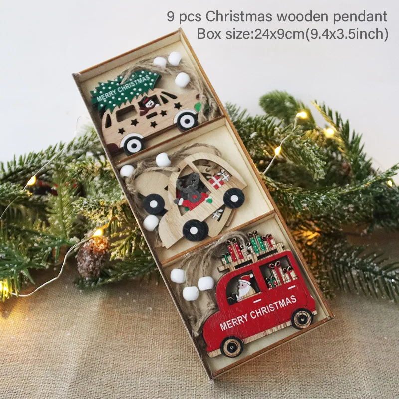 9pcs/box Kalėdų Automobilių Mediniai Pakabukai Kalėdų Medžio Kabantys Papuošalai Kalėdų Dekoracijas namams, Vaikams, Dovanų Noel Navidad Dekoras