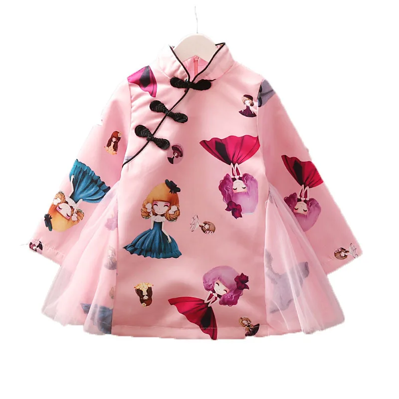 2020 m. Mergaičių Suknelė Žiemą, Vaikams, Suknelės Mergina Kinų Stiliaus Elegantiškas Kūdikių Drabužiai Nauji Metai Tutu Animacinių filmų Spausdinti Qipao Vestidos