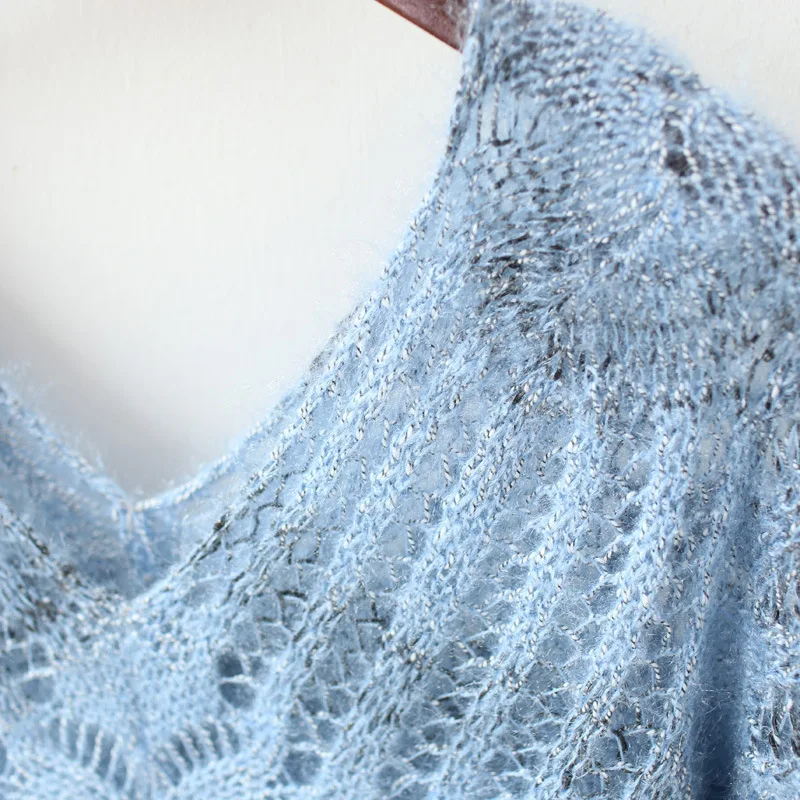 Megztinis moterų megztinis tuščiaviduriai megztiniai viršų V-kaklo prarasti tendencija 2020 naujų moteriškų moherio ryškios šilko džemperis moterims