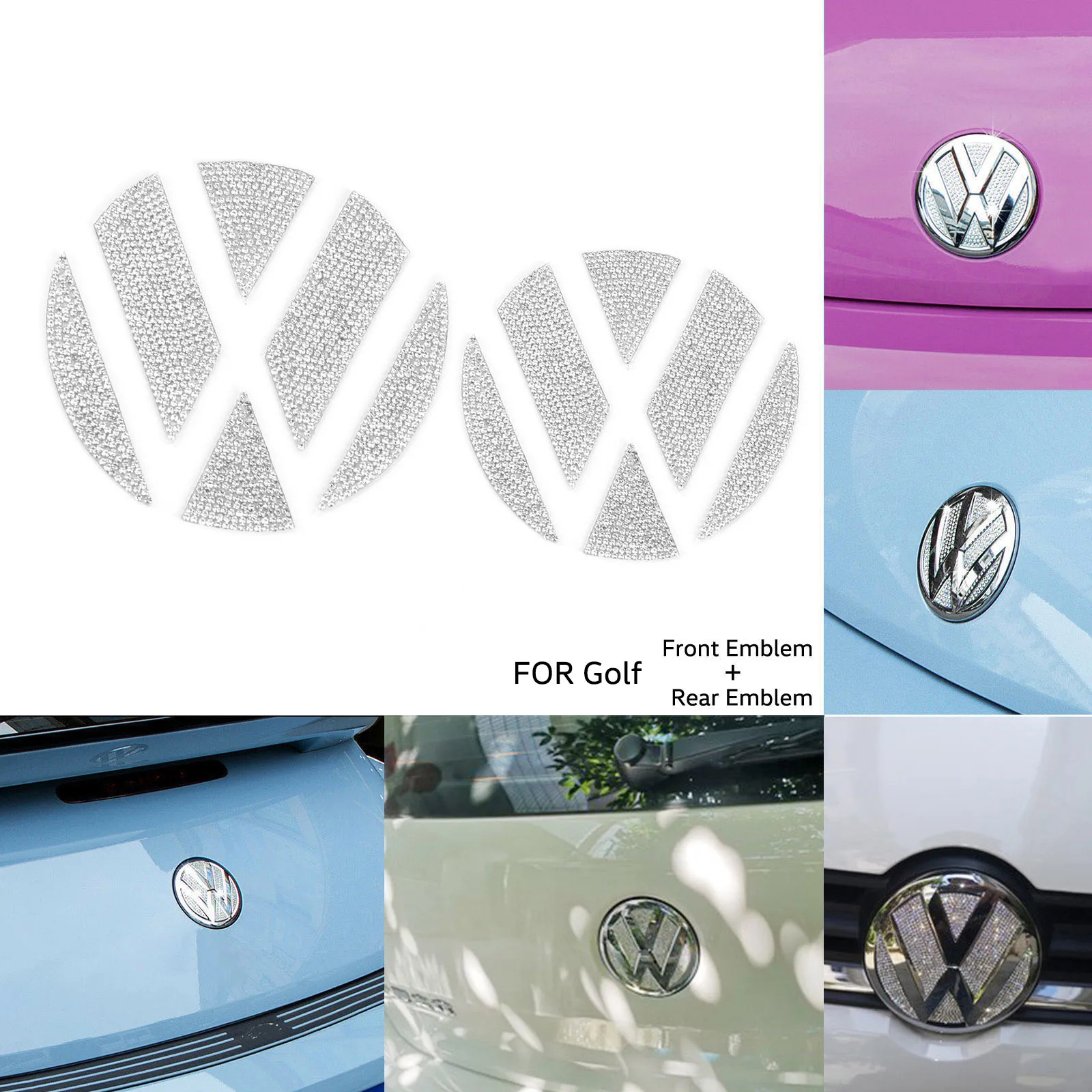 Diamond Bling kalnų krištolas Priekinės Grotelės Emblema + Galiniai Kamieno Dangčio Ženklelis Lipdukas Dekoras VW Volkswagen Golf