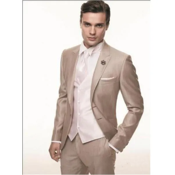 2018 Užsakymą Šampano Vestuvių Kostiumai Jaunikis Tuxedos Gražus Geriausią Vyro Groomsman kostiumai (Švarkas+Kelnės+Marškiniai)