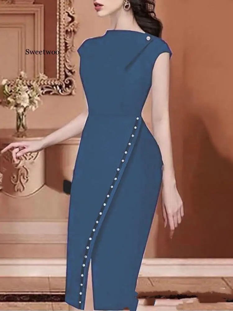 Moterų Elegantiškas Šalis Suknelė Mygtuką Duobute Papuoštas Biuras Ieškoti Darbo Drabužiai Ritininės Kietas Ritininės Nereguliarus Midi Suknelė