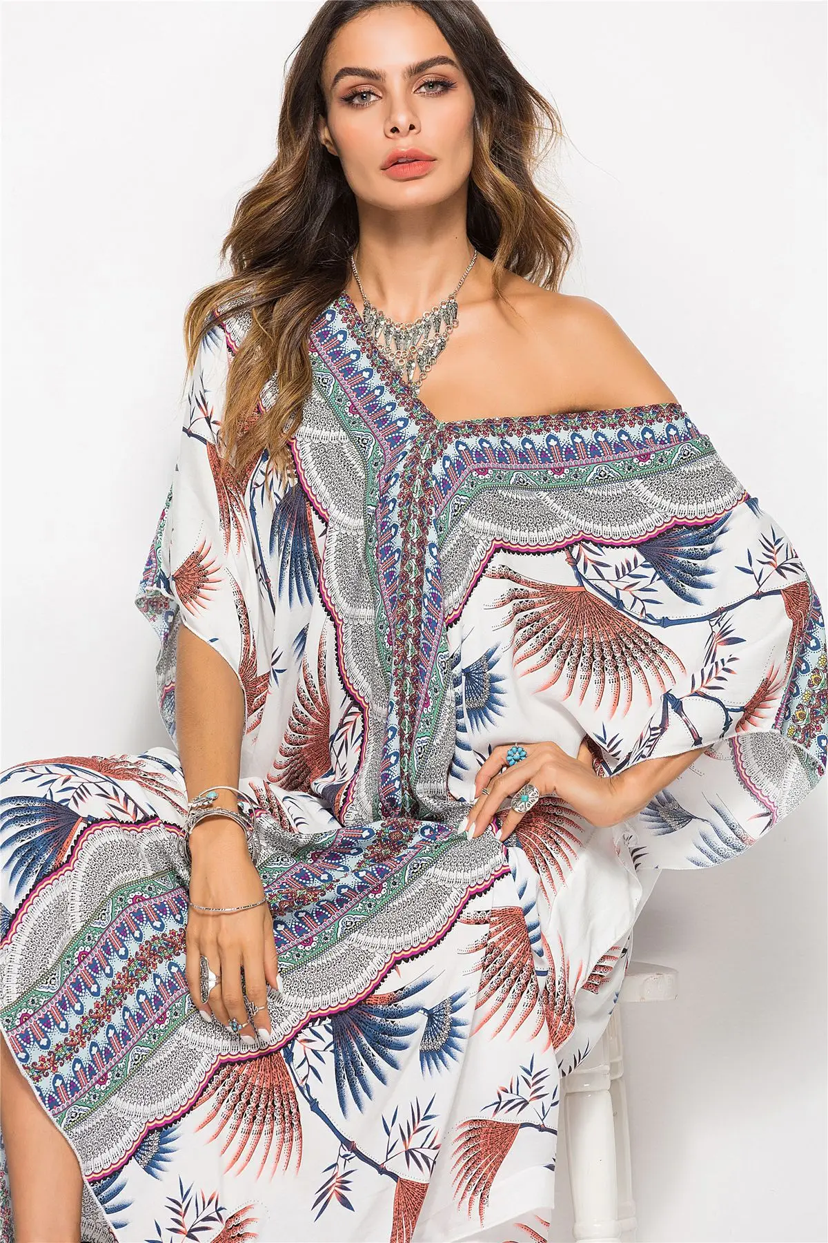 Naujas Spausdinti Bohemijos Moterų Maxi Suknelė Batwing Rankovės Atostogų Paplūdimio Drabužiai Mados Musulmonų Abaja Dubajus arabų Maroko Skraiste VKDR1767