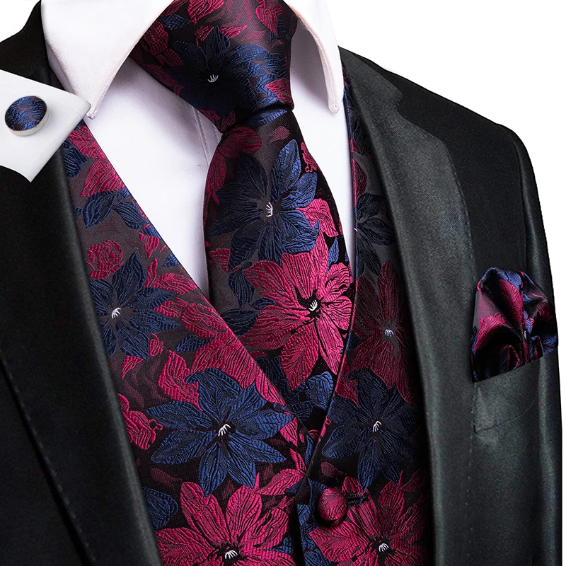 Hi-Šilko Kaklaraištis vyriški Tamsiai Gėlių Liemenė Vyrams Kostiumu Vintage Mados Mėlynos ir Raudonos Vyrų Vestuves Liemenė ir Kaklaraištis Nustatyti Oficialaus Marškinėliai
