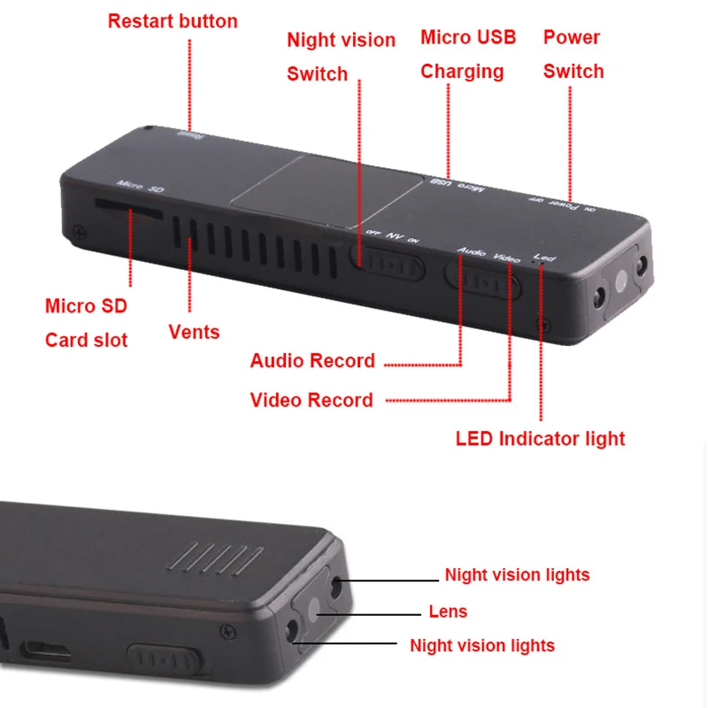 Vaizdo kamera Mini Pen Cam 1080P Infraraudonųjų spindulių Naktinio Matymo Kamera Filmuoti DV DVR Audio Video Įrašyti Micro 800mah Mažas