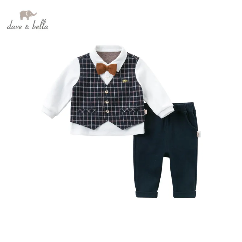 DB14877 dave bella rudenį kūdikių berniukų mados nuimamas lankas pledas kratinys drabužių rinkiniai vaikams laisvalaikio rinkiniai vaikams 2vnt kostiumas