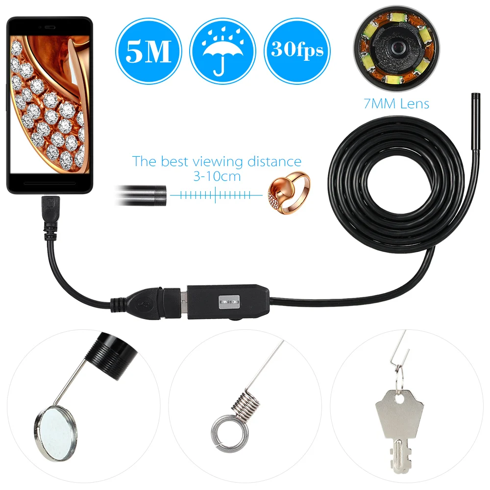 5M USB Endoskopą Kamera 7MM atsparumas Vandeniui 6 Led USB Laidas Gyvatė Vamzdžių Tikrinimo Borescope Už OTG Suderinami 
