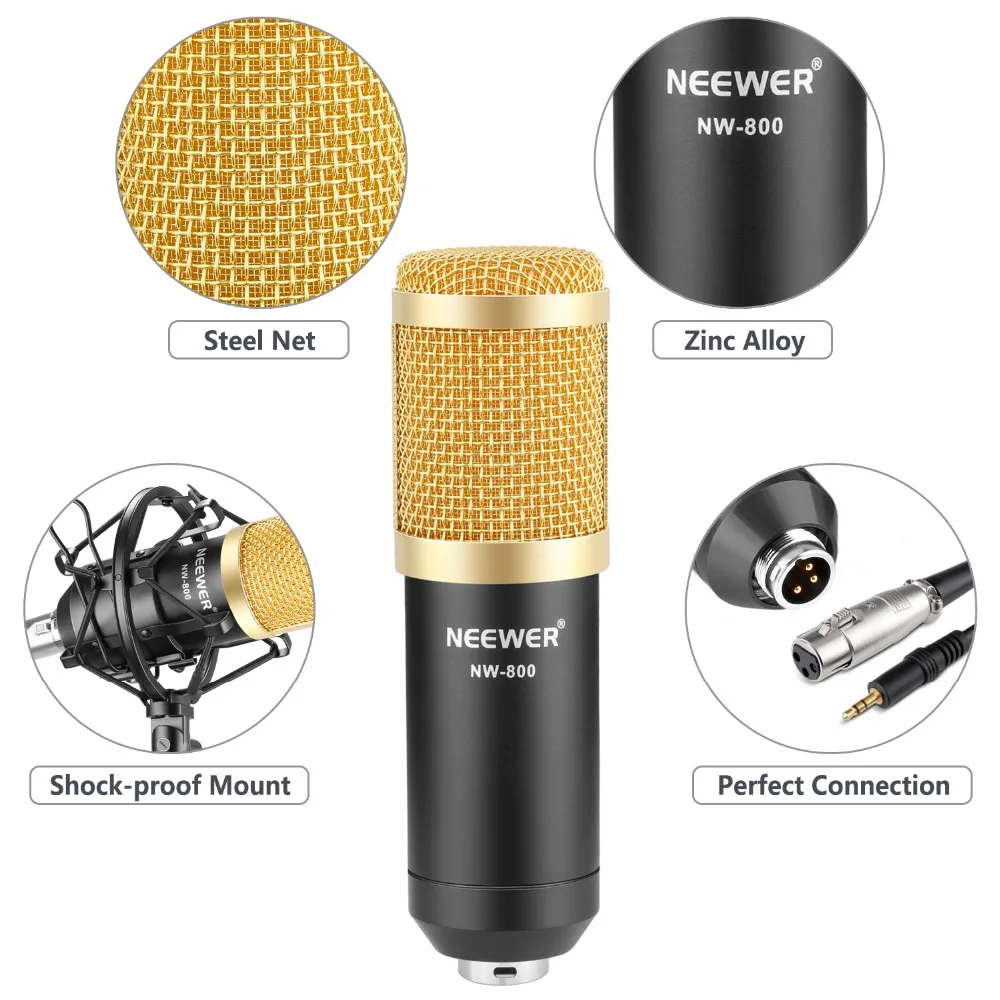 Neewer NW-800 Profesinės Kondensatoriaus Mikrofonas ir NW-35 Pakabos Bumas Žirkliniai Svirtimi su XLR Laido ir Tvirtinimo Gnybtas