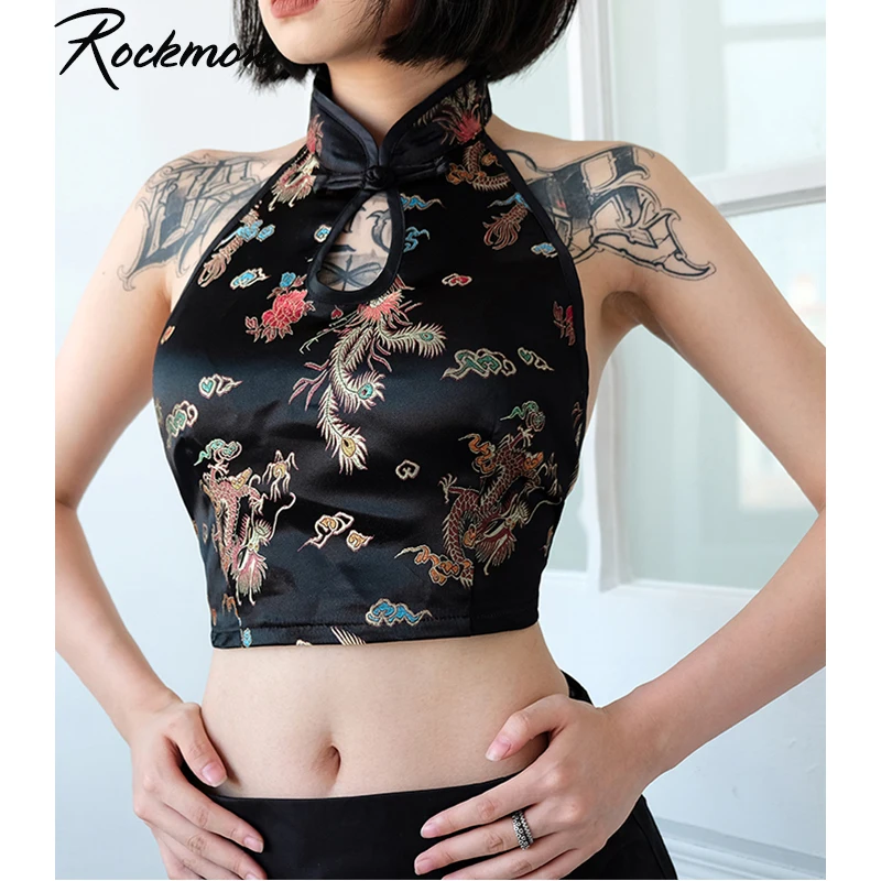 Rockmore Apynasrio Derliaus Streetwear Bako Viršuje Moterų Stiliaus Kinijos Drakonas Spausdinti Off Peties Sexy Top Vest Vasaros Apkarpyti Viršūnes Femme