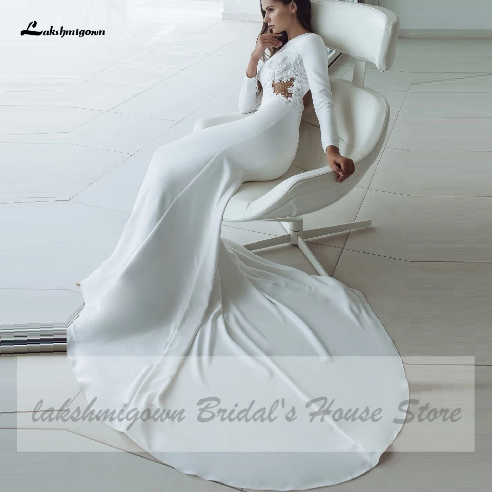 Atviros Nugaros Drabužius Satin White Undinė Vestuvių Suknelės ilgomis Rankovėmis 2020 Skraiste Longue Seksualus Nuotakos Suknelė O-kaklo Afrikos Vestuvių Suknelės