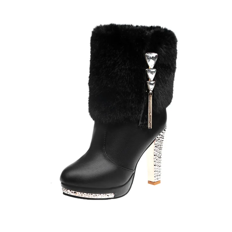 2020 Aikštėje kulno moterų žiemos batai classic sagtis šilta kailio sniego ponios batai aukštakulniai juodos spalvos platformos batai moterims botas