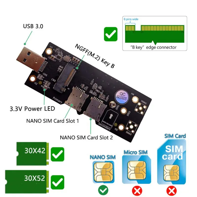 M. 2 USB 3.0 Adapteris su Dviguba NANO-SIM card Slot 3G/4G/5G Modulis X5QC