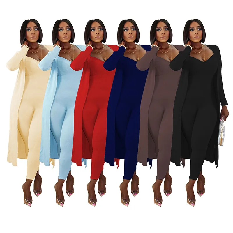 2020 Naujų Rudens Moterų Kostiumas Karšto Stiliaus Modelis, Kietas spalvų V-kaklo, ilgomis Rankovėmis Kailis & Jumpsuit Europos ir Amerikos 2 dalių Komplektas